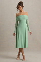 Flatter Me | Light Green Bardot Midi Dress With Mesh Sleeves