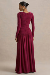 Aniyah | Burgundy Slashed-Neck Maxi Dress With Ruched Detailing