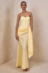 Oakley | Lemon Satin Bandeau Maxi Dress With Draped Skirt