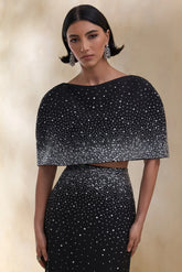 Luxy | Black Embellished Boat-Neck Crop-Top With Cape-Sleeves