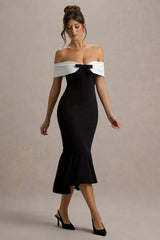 Corola | Black & White Bardot Volume-Hem Midi Dress