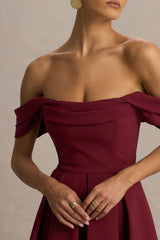 Cosima | Burgundy Bardot-Neck Midi Dress