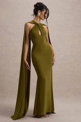 Rhoda | Green Twist Halter-Neck Cape Maxi Dress