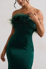 One And Only | Bottle Green Satin Feather Trim Bandeau Midi Dress