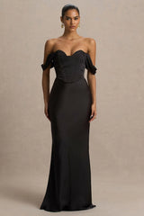 Perenna | Black Satin Sweetheart-Neck Maxi Dress With Draped-Sleeves