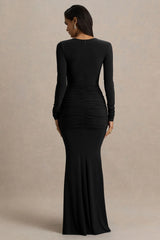 Saffie | Black Extreme-Plunge Wrap Maxi Dress With Long-Sleeves And Ruched Detailing