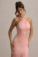 Sansa | Light Pink Satin Cross Halter-Neck Plisse Maxi Dress
