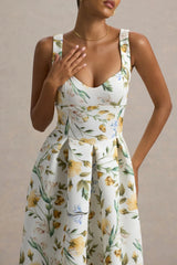 Rosemary | Floral Print Sweetheart Midi Dress With Drop Waist