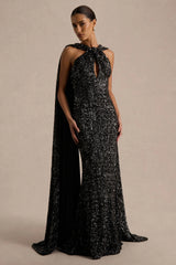Renelle | Black Sequin Halter Neck Maxi Dress