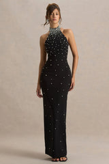 Dani | Black Hand-Embellished Halter-Neck Maxi Dress