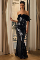 Bex | Black Sequin And Velvet Bardot-Neck Maxi Dress