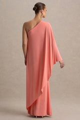 Waves | Coral Asymmetric Maternity Maxi Dress With One-Sleeve Cape