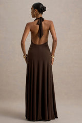 Mist | Brown Plunge-Neck Maxi Dress With Knot-Detail And Open-Back
