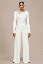 Prize | Cream Crew-Neck Jumpsuit With Embellishment Detail