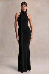 Hyla | Black High-Neck Maxi Dress With Sash-Detail
