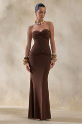 Elodia | Brown Bandeau Maxi Dress With Gathered-Detailing