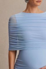Zaria | Powder Blue Crew-Neck Maternity Maxi Dress With Cape-Overlay
