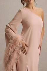 Armina | Blush Pink One-Shoulder Feather-Trim Maxi Dress