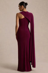 Dawn | Burgundy Asymmetric-Neck Maxi Dress With One Long-Sleeve And Cape