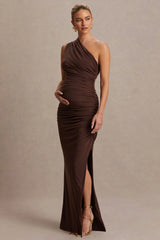 Darcie | Brown Asymmetric-Neck Maternity Maxi Dress