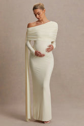 Cyra | Cream Asymmetric-Neck Maternity Maxi Dress With Sash