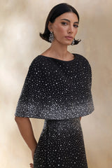 Luxy | Black Embellished Boat-Neck Crop-Top With Cape-Sleeves