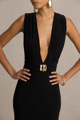 Alena | Black Extreme-Plunge Neck Maxi Dress With Gold Detail