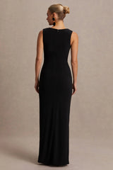 Raven | Black Boat-Neck Maternity Maxi Dress With Gathered-Detailing
