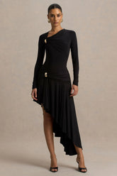 Alexia | Black Asymmetric-Neck Maxi Dress With Gold-Details