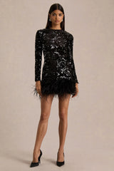 Stardust | Black Sequined Velvet Crew-Neck Mini Dress With Feather Trim