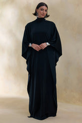 Lumisette | Black Satin High-Neck Maxi Dress With Cape
