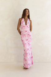 Blooming Loves Mesh Halter Maxi Dress Pink