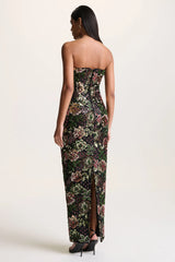 Cora | Winter Floral Embellished Mesh Bandeau Maxi Dress With Scarf