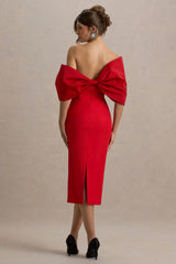 Lucille | Red Asymmetric Bardot Midi Dress With Bow Detail