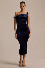 Carella | Navy Velvet Twisted Asymmetric Midi Dress