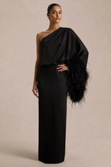 Felicity | Black Satin Asymmetric-Neck Maxi Dress With Feather Detailing