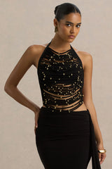 Twinkler | Black High-Neck Embellished Top With Cut-Outs
