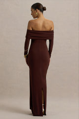 Jovie | Brown Bardot Wrap Maxi Dress With Sash Detail