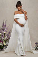 Carlotta | White Bardot Maternity Maxi Dress With Chiffon Cape