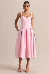 Greta | Light Pink Sweetheart-Neck Midi Dress