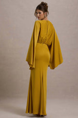Zuzanna | Mustard Draped Maxi Dress With Cape Sleeves