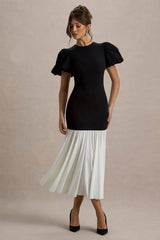 Cinzia | Black & White Puff-Sleeve Volume-Hem Midi Dress
