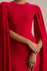 Briony | Red Crew-Neck Maxi Dress With Cape Sleeves