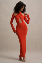 Gita | Orange Halter-Neck Long-Sleeve Maxi Dress