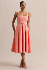 Camoria | Coral Boucle Square-Neck Midi Dress