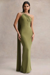 Mandy | Olive Asymmetric-Neck Maxi Dress With Gold-Detail