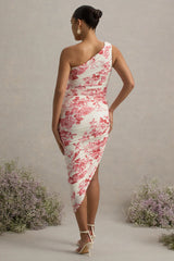 Late Night | Pink Floral Print Maternity Ruched One Shoulder Midi Dress