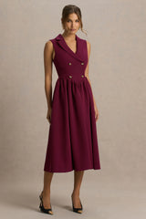 Lisa | Burgundy Plunge-Neck Tailored Midi Dress With Button-Detailing