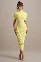 Enchant | Lemon Asymmetric Twisted Cape Midi Dress