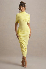 Enchant | Lemon Asymmetric Twisted Cape Midi Dress